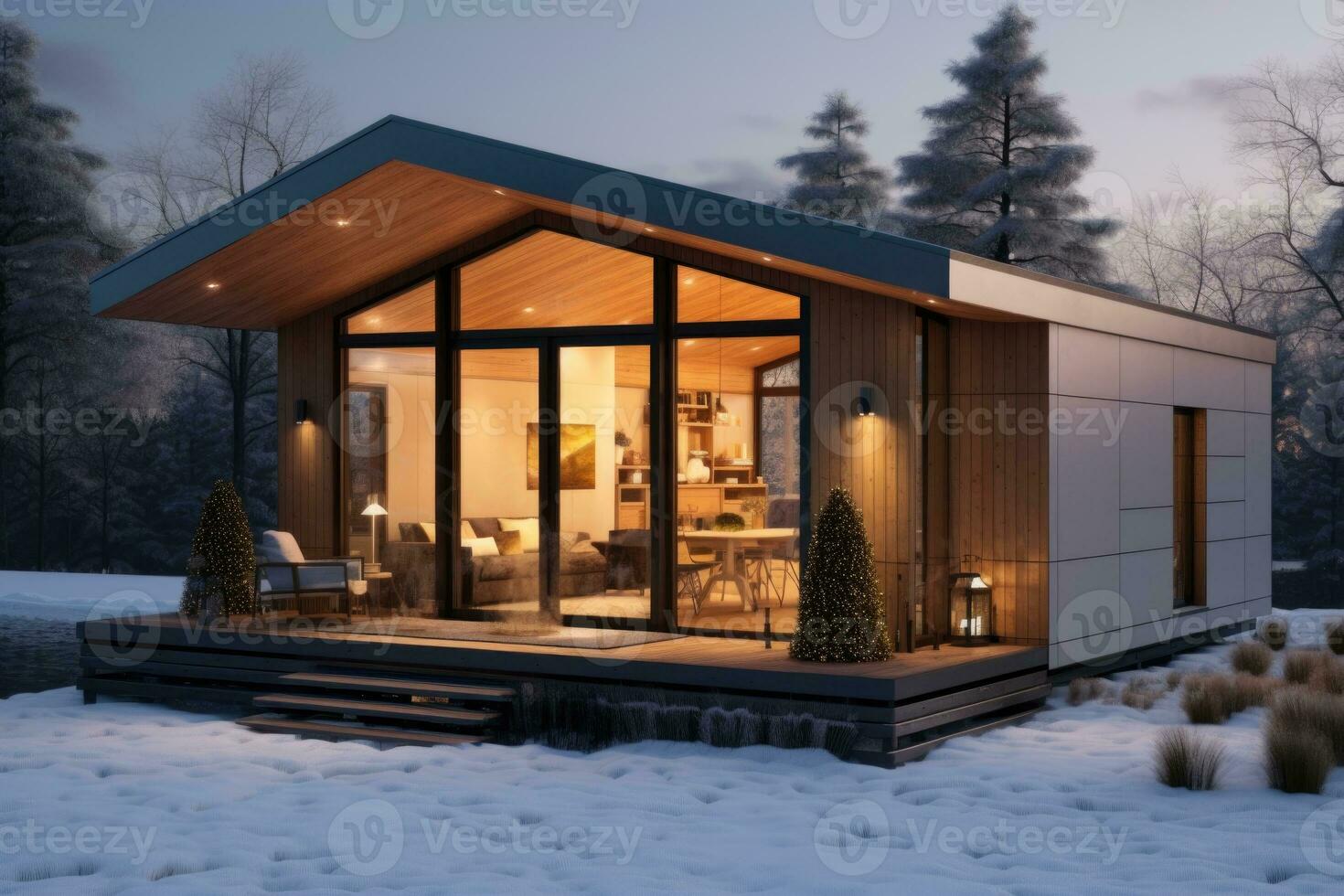 A small cozy house with large windows in winter in the snow, a deserted place. AI-Generated photo