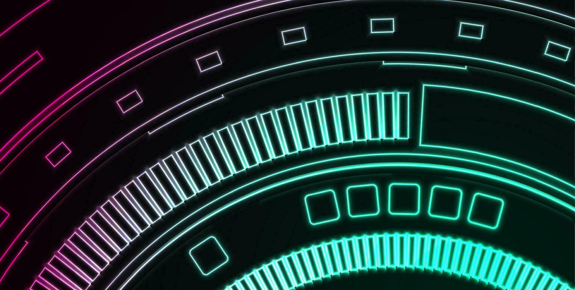 Turquoise and violet glowing neon HUD gear technology background vector