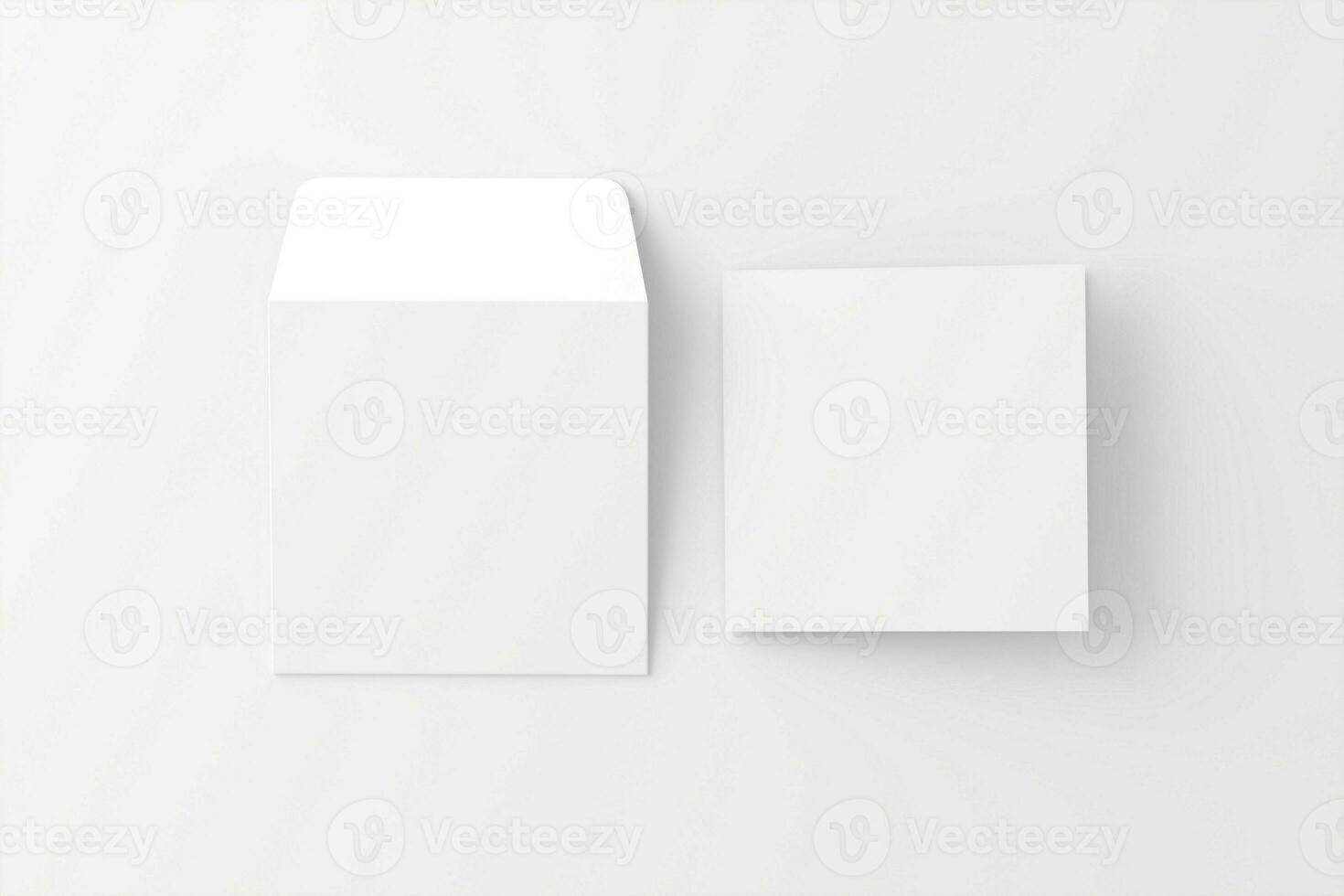 cuadrado doblada invitación tarjeta con sobre blanco blanco 3d representación Bosquejo foto