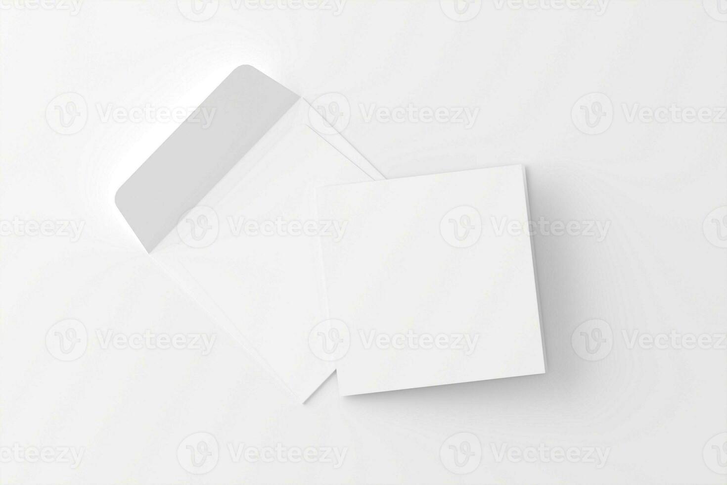 Square Folded Invitation Card With Envelope White Blank 3D Rendering Mockup photo