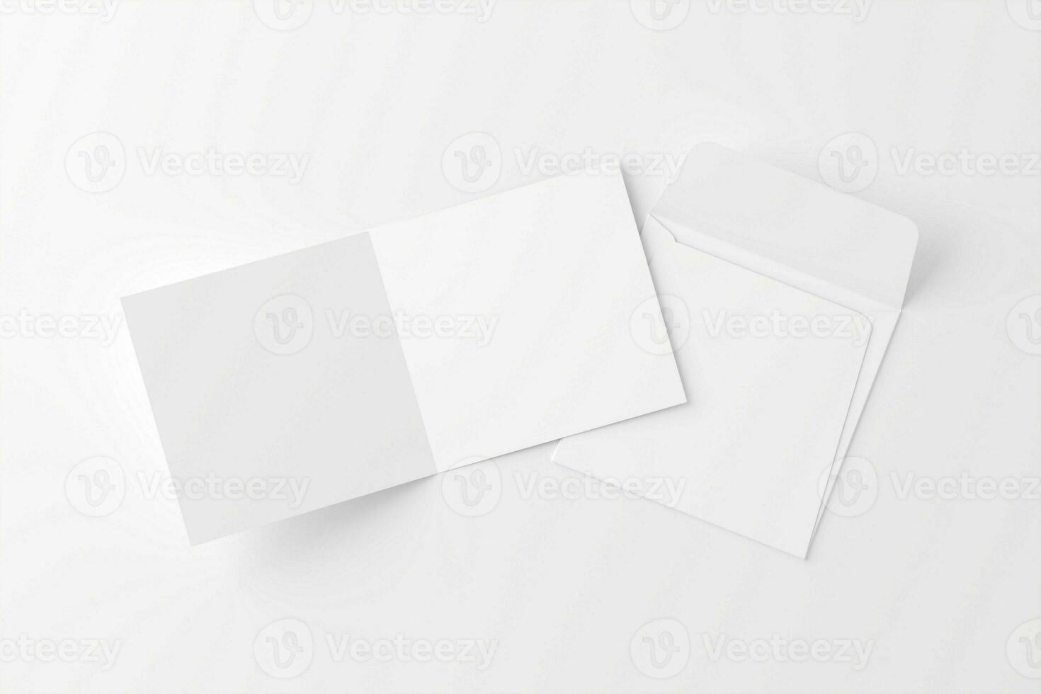 Square Folded Invitation Card With Envelope White Blank 3D Rendering Mockup photo