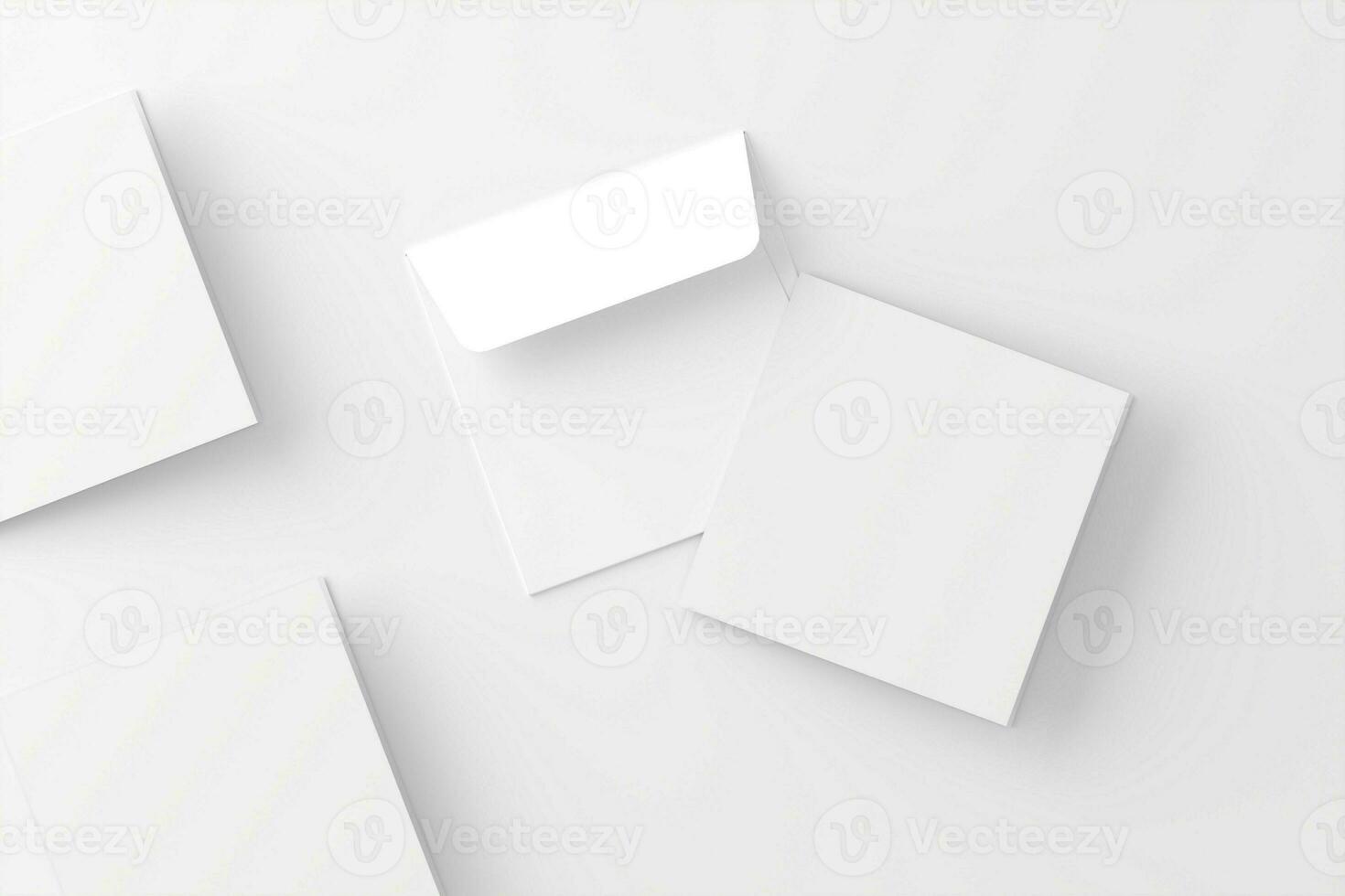 Square Folded Invitation Card With Envelope White Blank 3D Rendering Mockup photo
