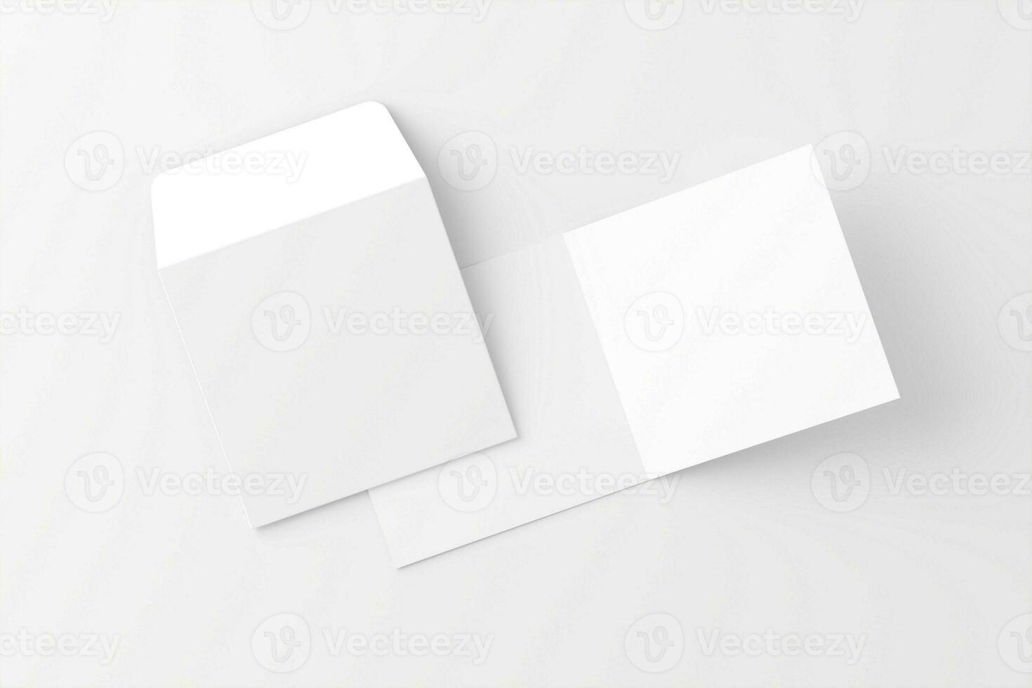 Square Folded Invitation Card With Envelope White Blank 3D Rendering Mockup photo
