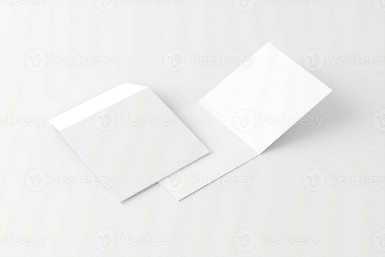 cuadrado doblada invitación tarjeta con sobre blanco blanco 3d representación Bosquejo foto