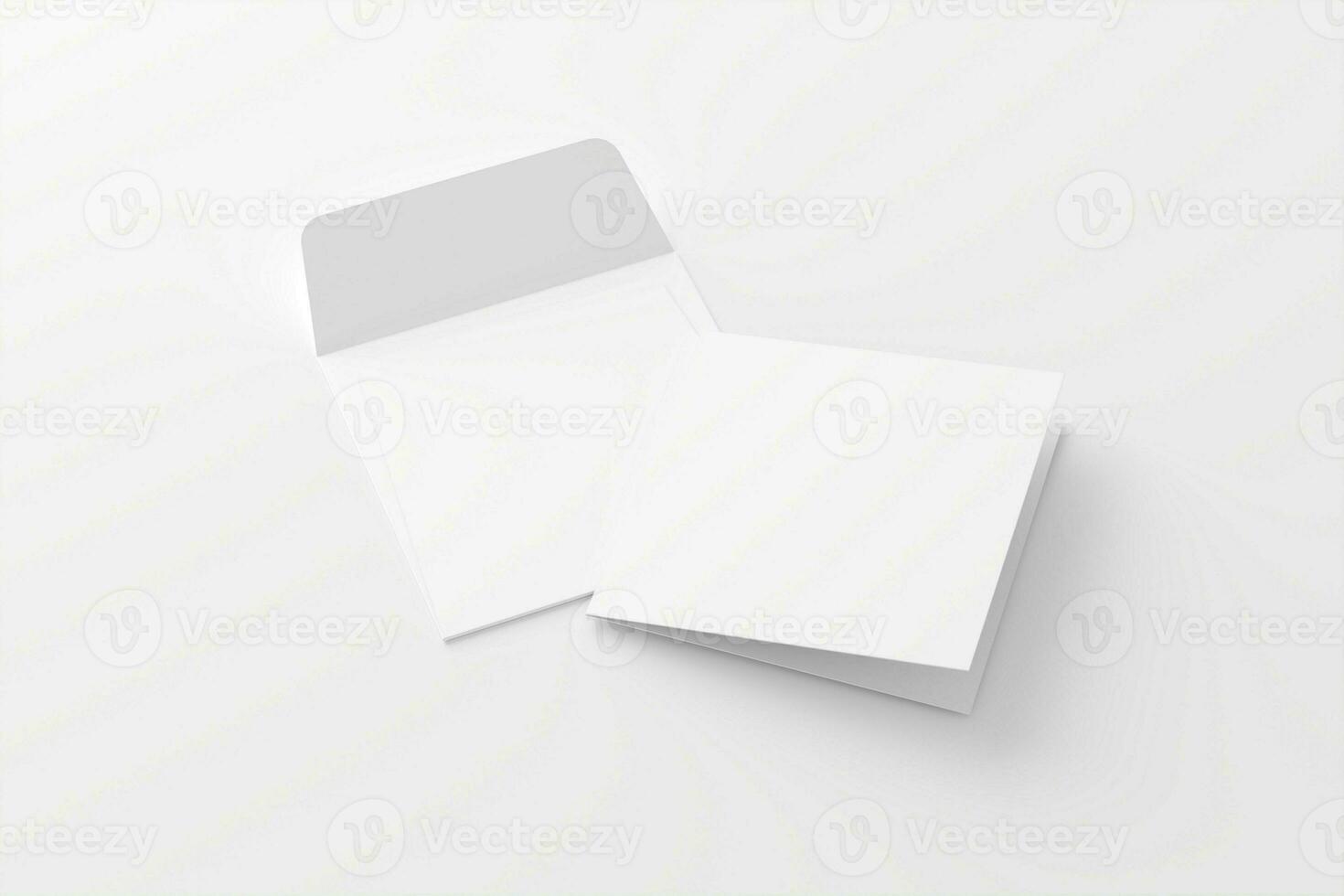 Square Folded Invitation Card With Envelope White Blank 3D Rendering Mockup photo