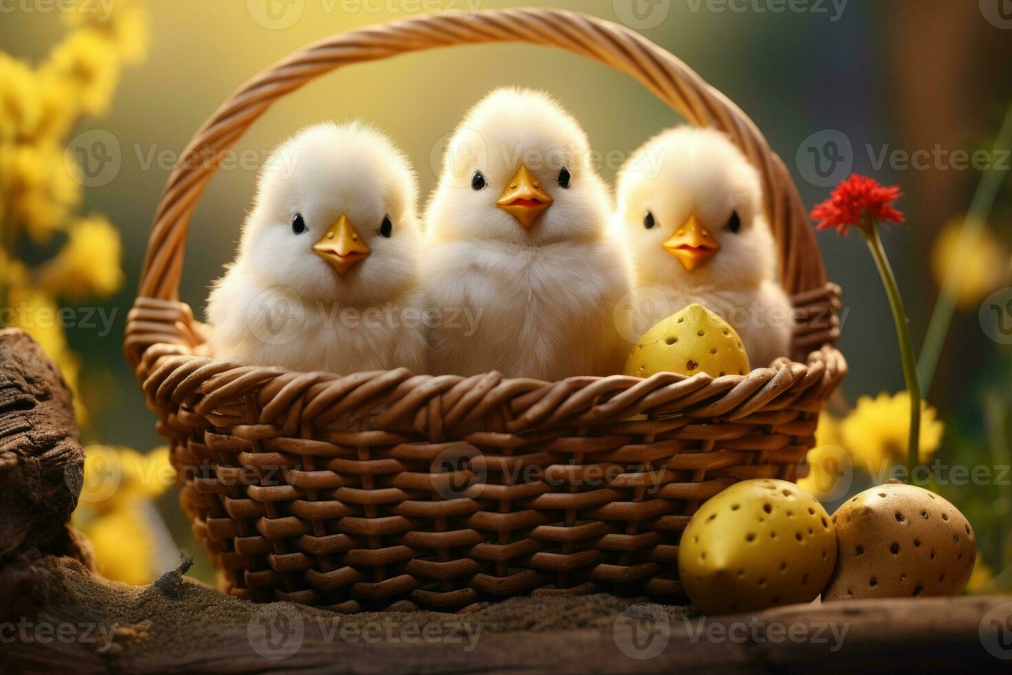 Three little chickens are sitting in a basket with Easter eggs. AI generated photo