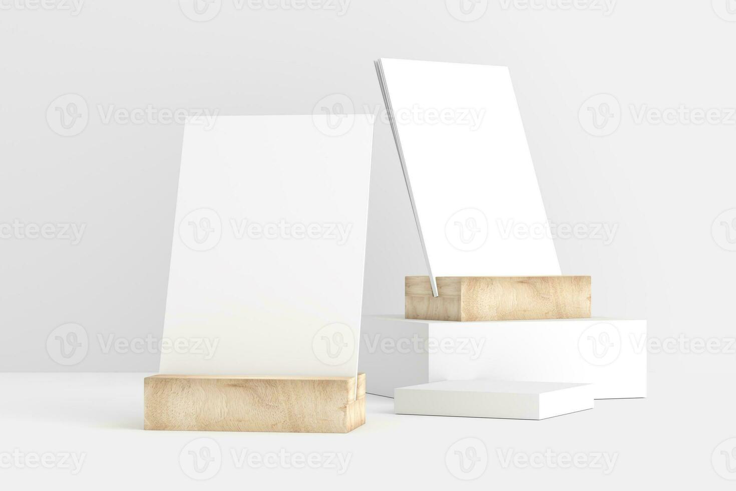Desk Calendar With Wood Stand 3D Rendering White Blank Mockup photo