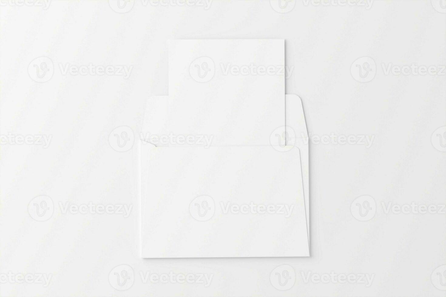 A4 A5 Folded Invitation Card With Envelope 3D Rendering White Blank Mockup photo