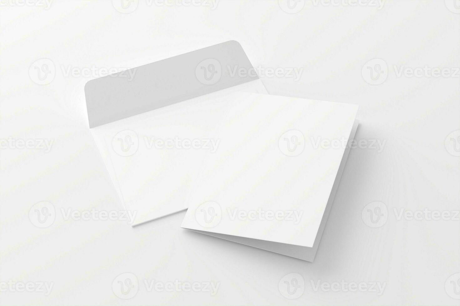 A4 A5 Folded Invitation Card With Envelope 3D Rendering White Blank Mockup photo