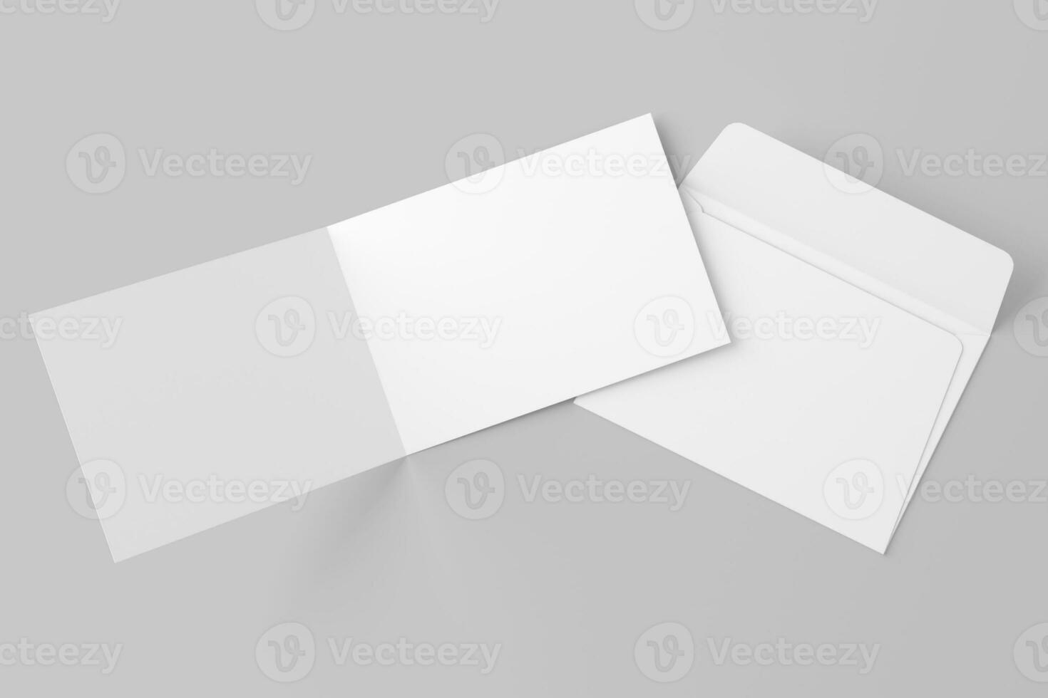 A4 A5 A6 Landscape Folded Invitation Card With Envelope 3D Rendering White Blank Mockup photo