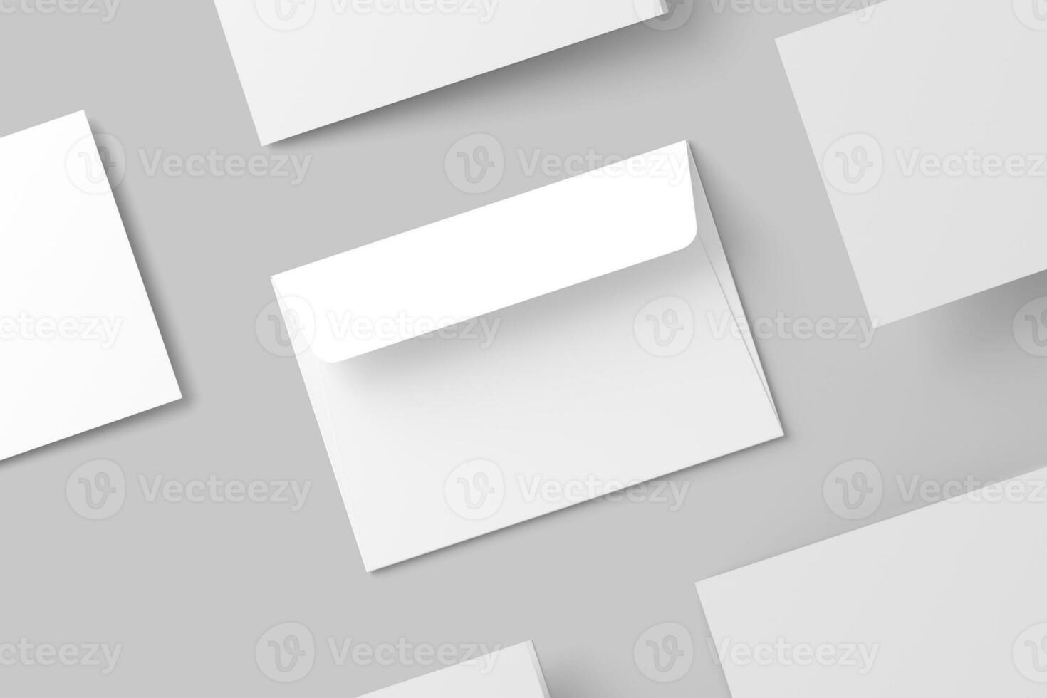 A4 A5 A6 Landscape Folded Invitation Card With Envelope 3D Rendering White Blank Mockup photo