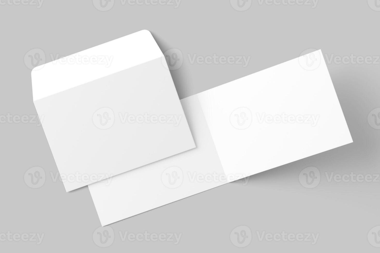 A4 A5 A6 Landscape Folded Invitation Card With Envelope 3D Rendering White Blank Mockup photo