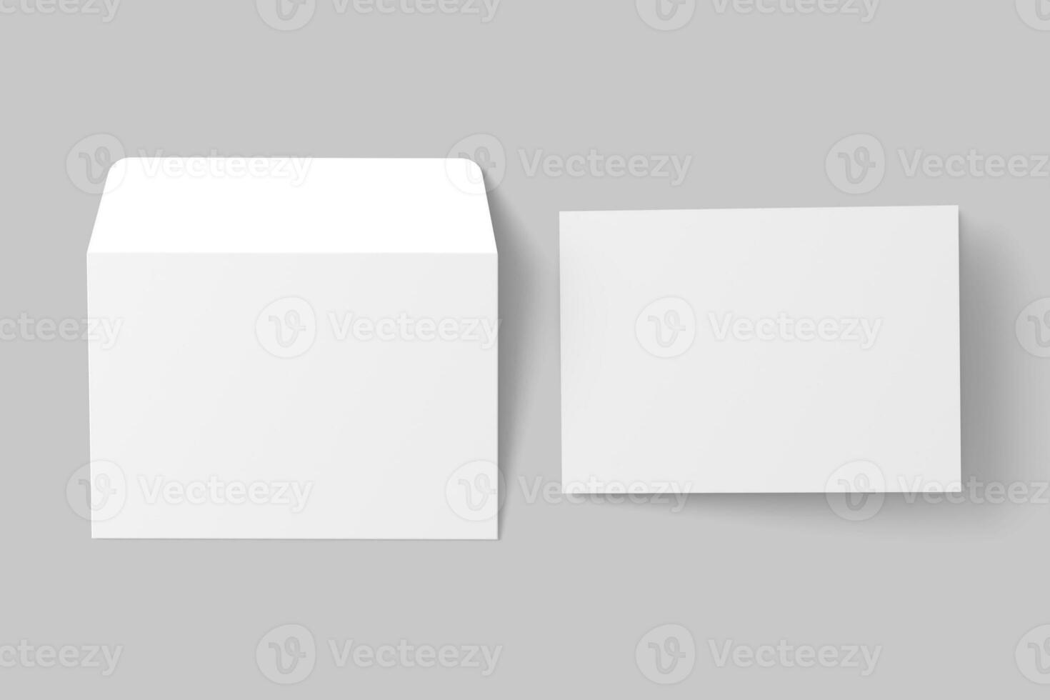 A4 A5 A6 Landscape Folded Invitation Card With Envelope 3D Rendering White Blank Mockup photo