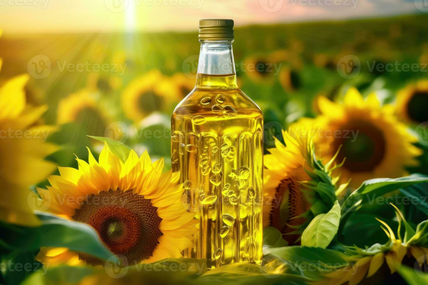 Golden Sunflower Oil Bottle Among Sunflower Flowers - Generative AI photo