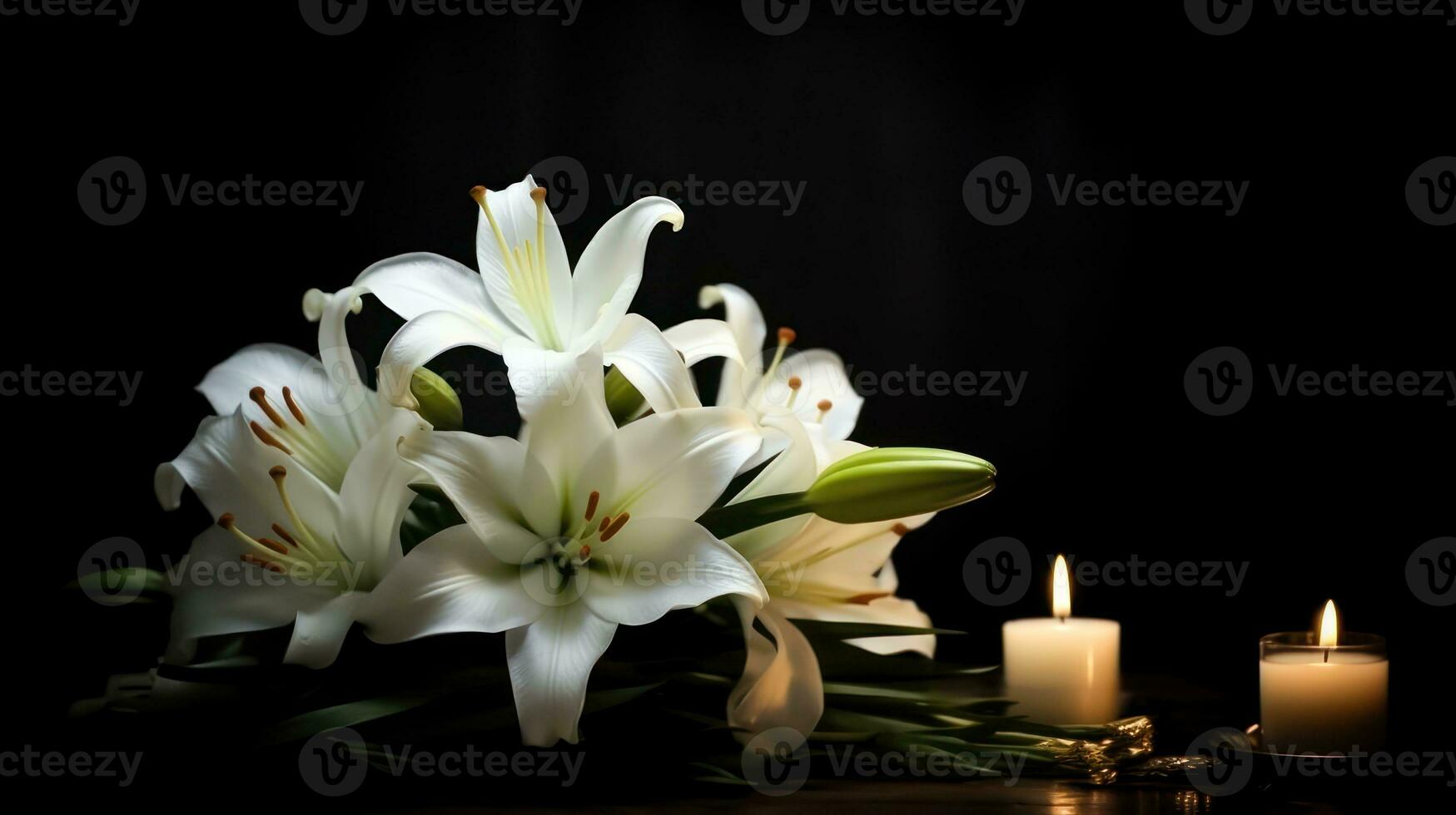 Candlelit White Lilies - mourning Ambiance - Generative AI photo