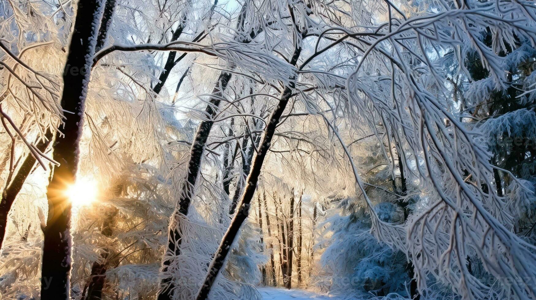 invierno luz de sol terminado un Nevado bosque arboleda - generativo ai foto