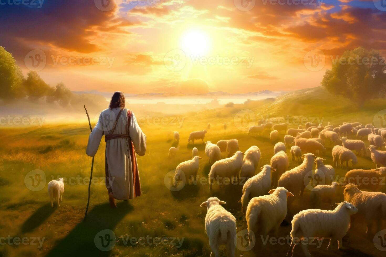 Biblical Depiction of Jesus as the Caring Shepherd - Generative AI photo