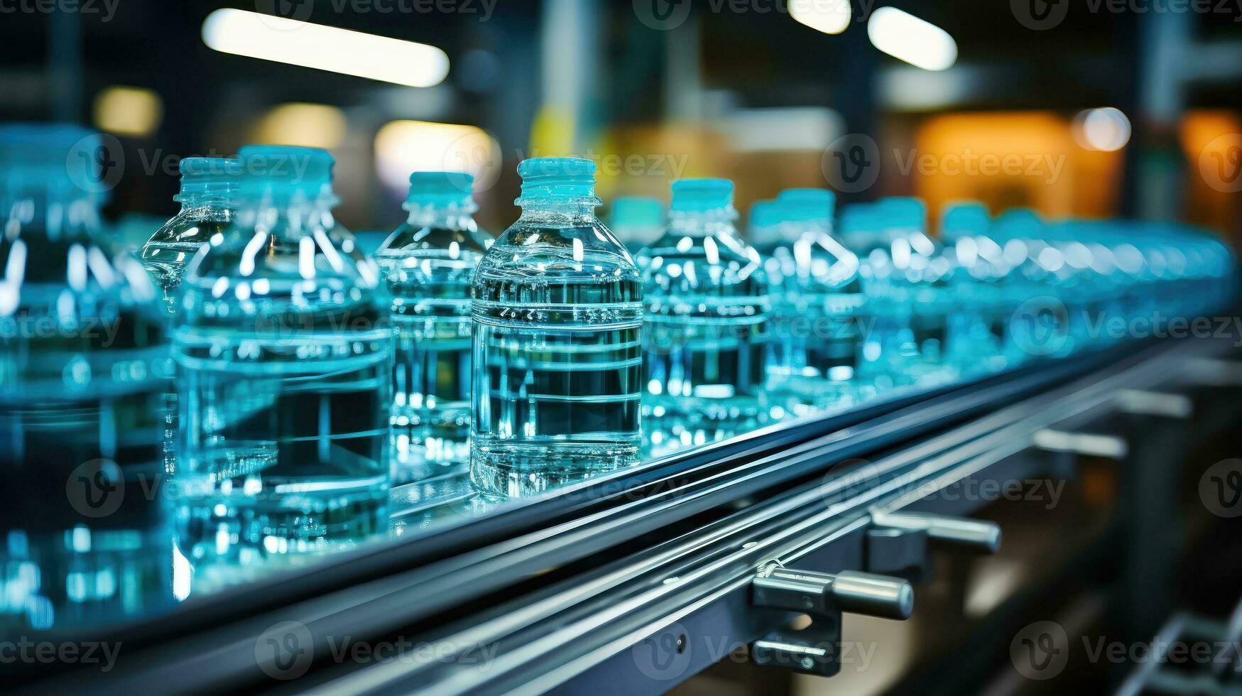 Production Conveyor Belt with Bottles of Clear Drinking Water - Generative AI photo