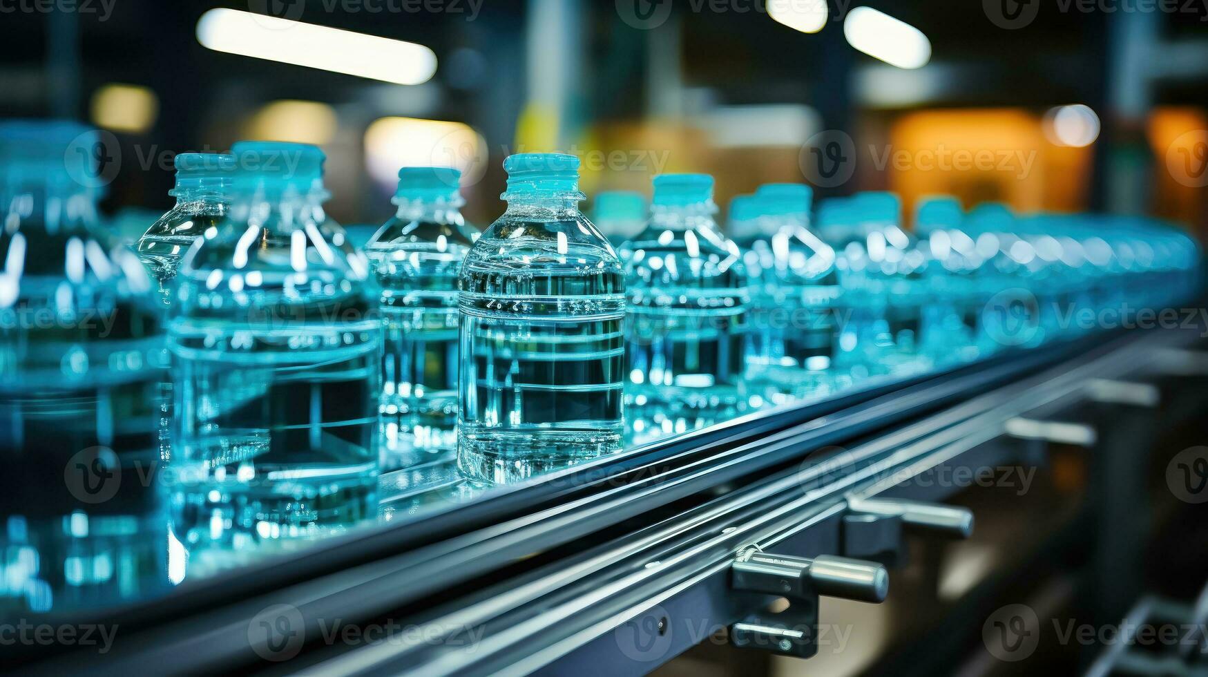 producción transportador cinturón con botellas de claro Bebiendo agua - generativo ai foto