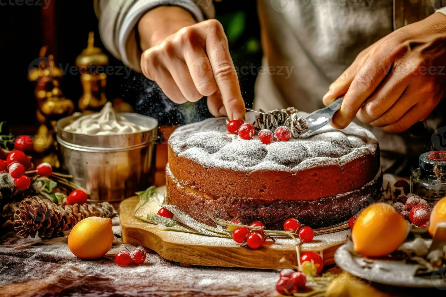 Festive Cake Decorating Process - Expert Hands at Work - Generative AI photo