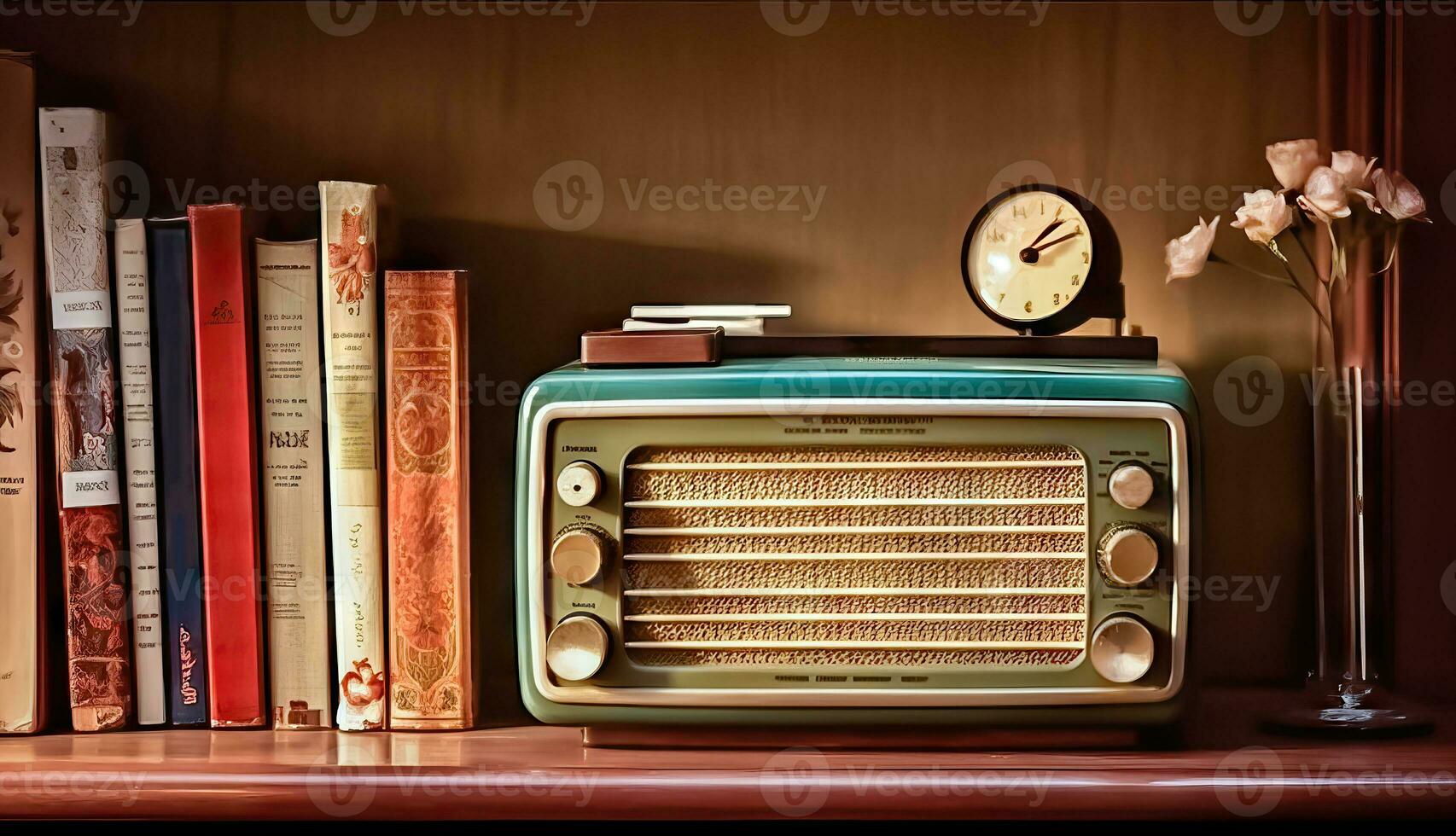 nostálgico radio en estante para libros decoración - generativo ai foto