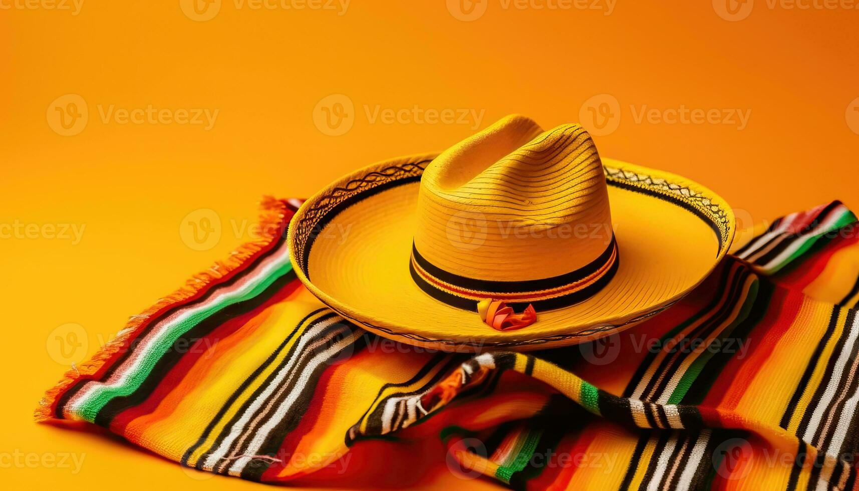 mexicano tradicion en atención - sombrero sombrero y poncho en amarillo antecedentes - generativo ai foto