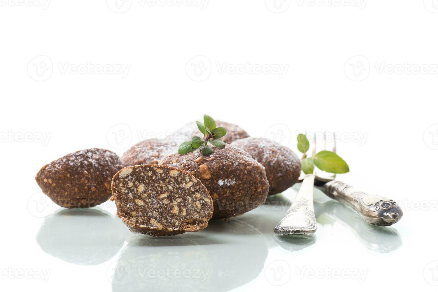chocolate sweet cakes from mashed biscuits with additives photo