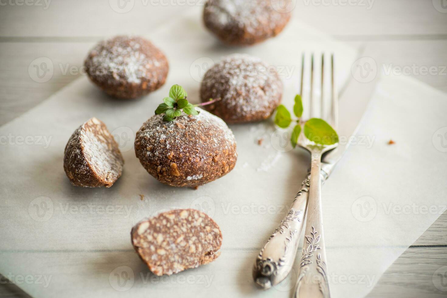 chocolate sweet cakes from mashed biscuits with additives photo