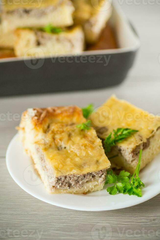 Cooked meat pie, pieces in a plate photo