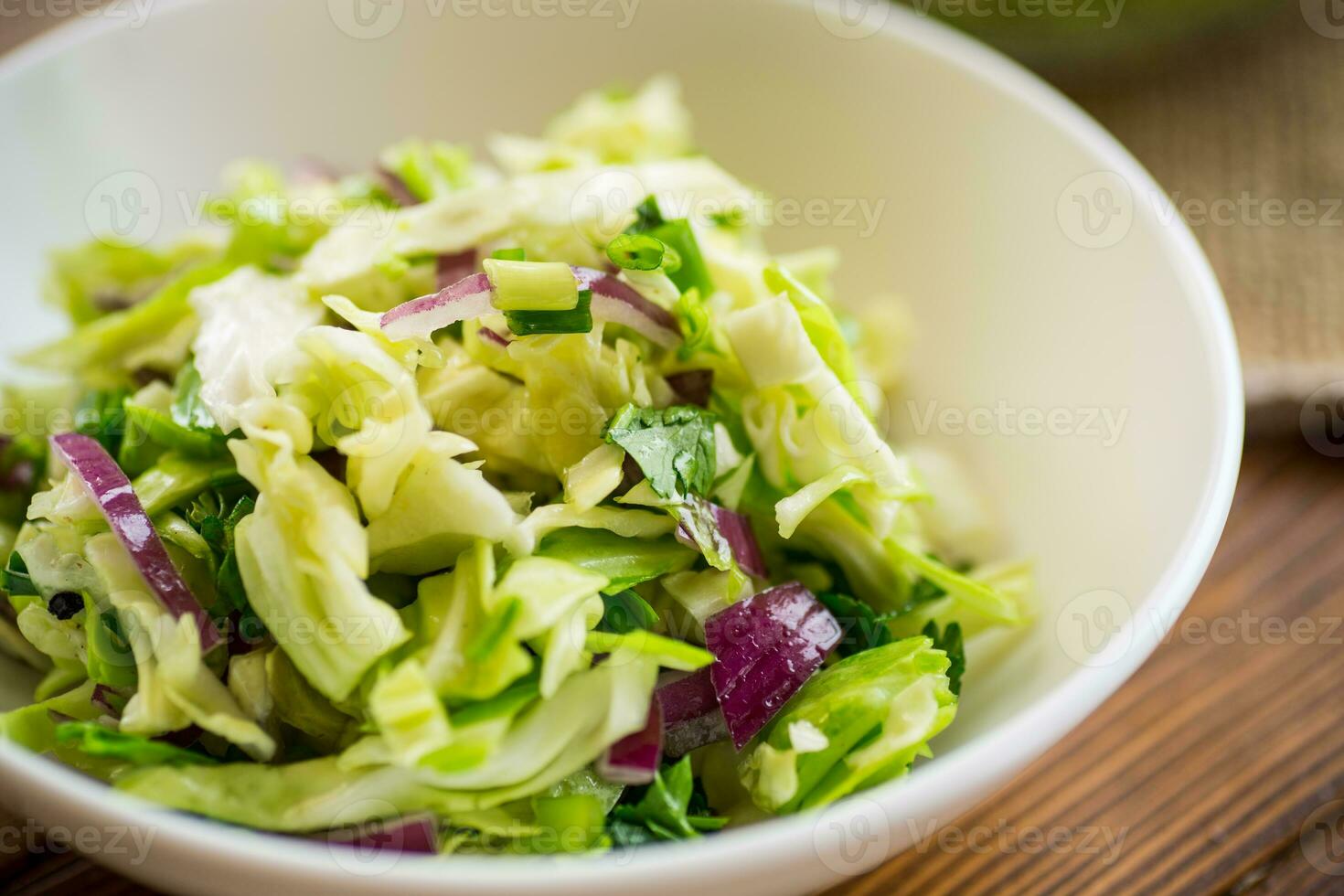 Young cabbage salad with purple onions in a bowl . photo