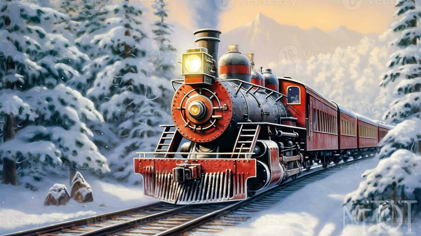 Scenic Polar Express Train Adventure in Winter - Generative AI photo
