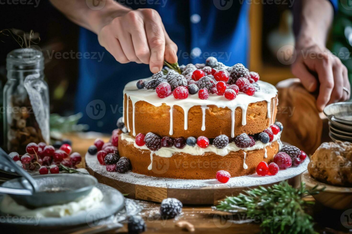 Creating Holiday Magic - Hands Decorate Christmas Cake - Generative AI photo