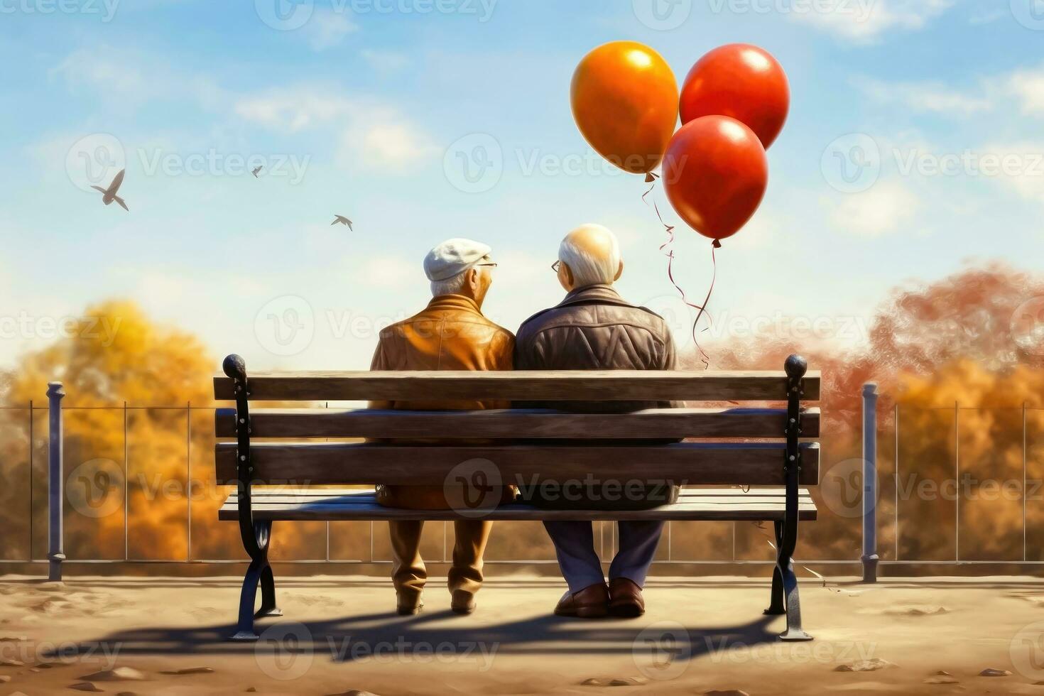 Two men of retirement age on a bench in the park - Generative AI photo