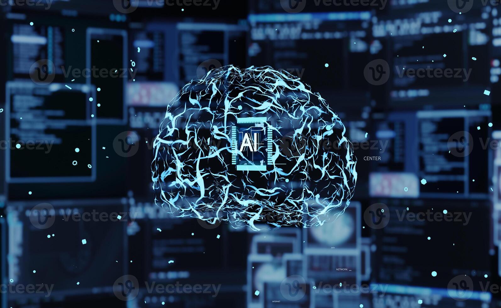 Visualization of artificial intelligence system mimicking human brain functioning. Ai using machine learning to handle tasks by considering sample observations, 3D render animation photo