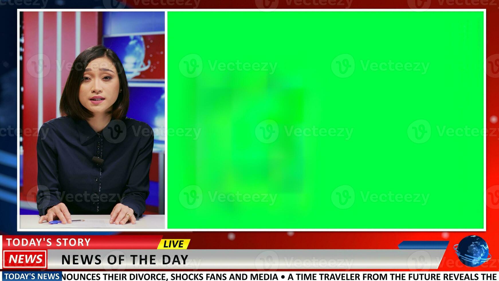 locutor lo hace reporte con pantalla verde en En Vivo televisión espectáculo, presentación rotura Noticias y último eventos. Noticias presentador cubierta internacional temas utilizando blanco chromakey espacio de copia. foto