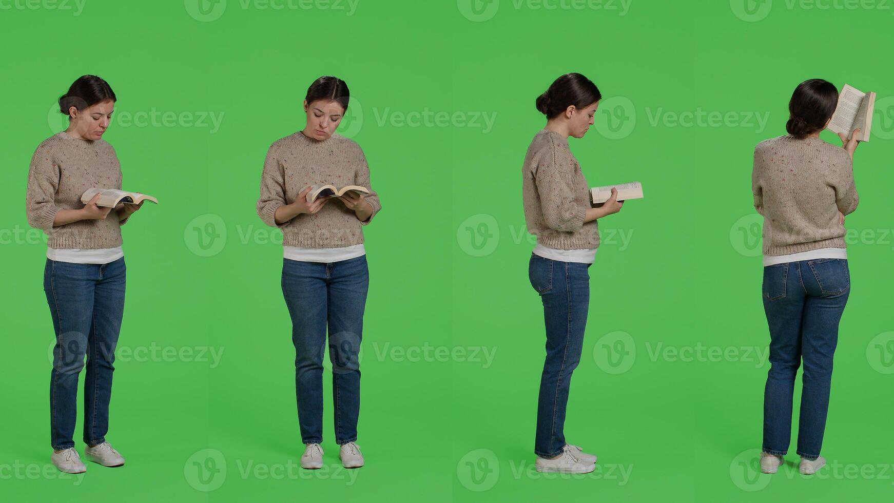 Confident girl reading book chapter on camera, acting focused to read action story or novel tale in studio. Relaxed person being casual standing over isolated full body greenscreen backdrop. photo