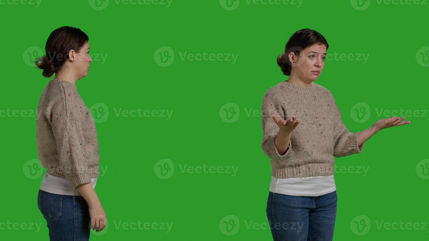 Frustrated woman being mad and upset on isolated copyspace, acting furious and displeased in studio. Young person in conflict showing disagreement and disapproval, negative emotions. Close up. photo