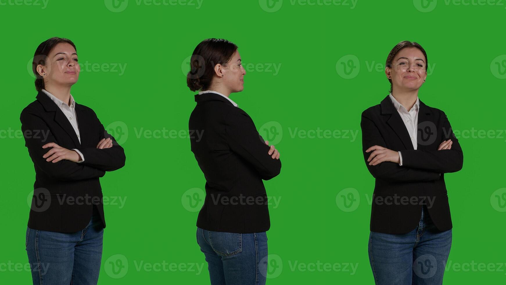 Close up of young accountant wearing formal suit in studio, acting positive and confident over green screen backdrop. Corporate worker being cheerful, company employee smiling on camera. photo