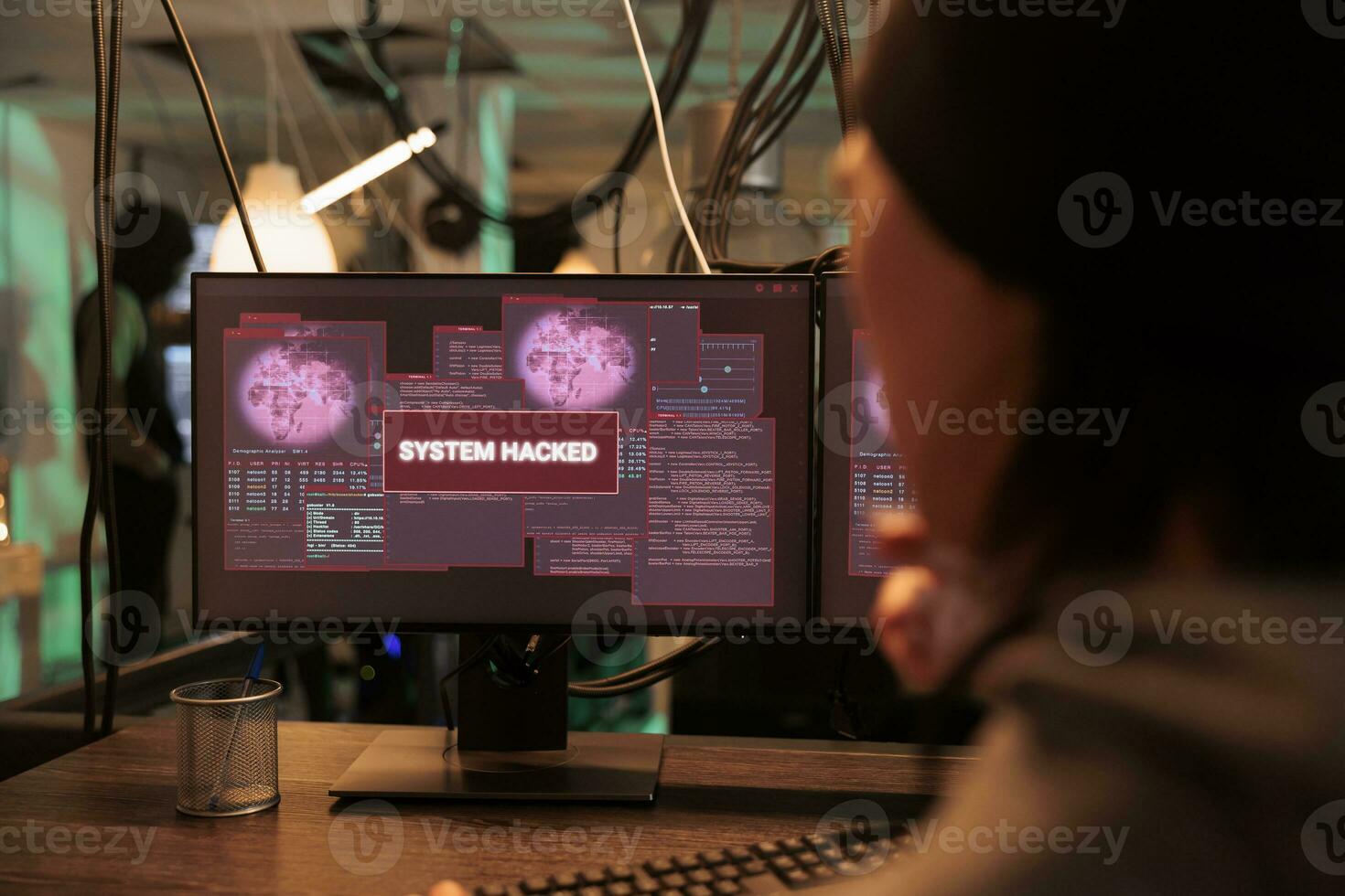System hacked warning on screen, computer database access, corporate server hacking, cyber security. Data breach, cybercrime, malicious software attack, internet virus, hacker stealing password photo