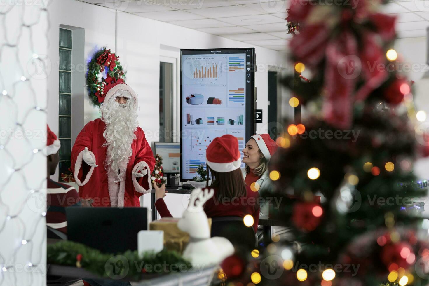 Seasoner lecturer pitching insights on leadership required skills in business meeting with employees during Christmas holiday season. Workers discussing over statistics in festive ornate workspace photo