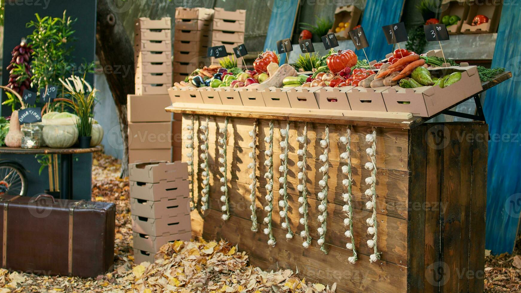 Natural small business counter with seasonal eco products, healthy organic homegrown produce. Bio tomatoes, onions, zucchini, pumpkin or squash sold at locally grown farmers market. photo