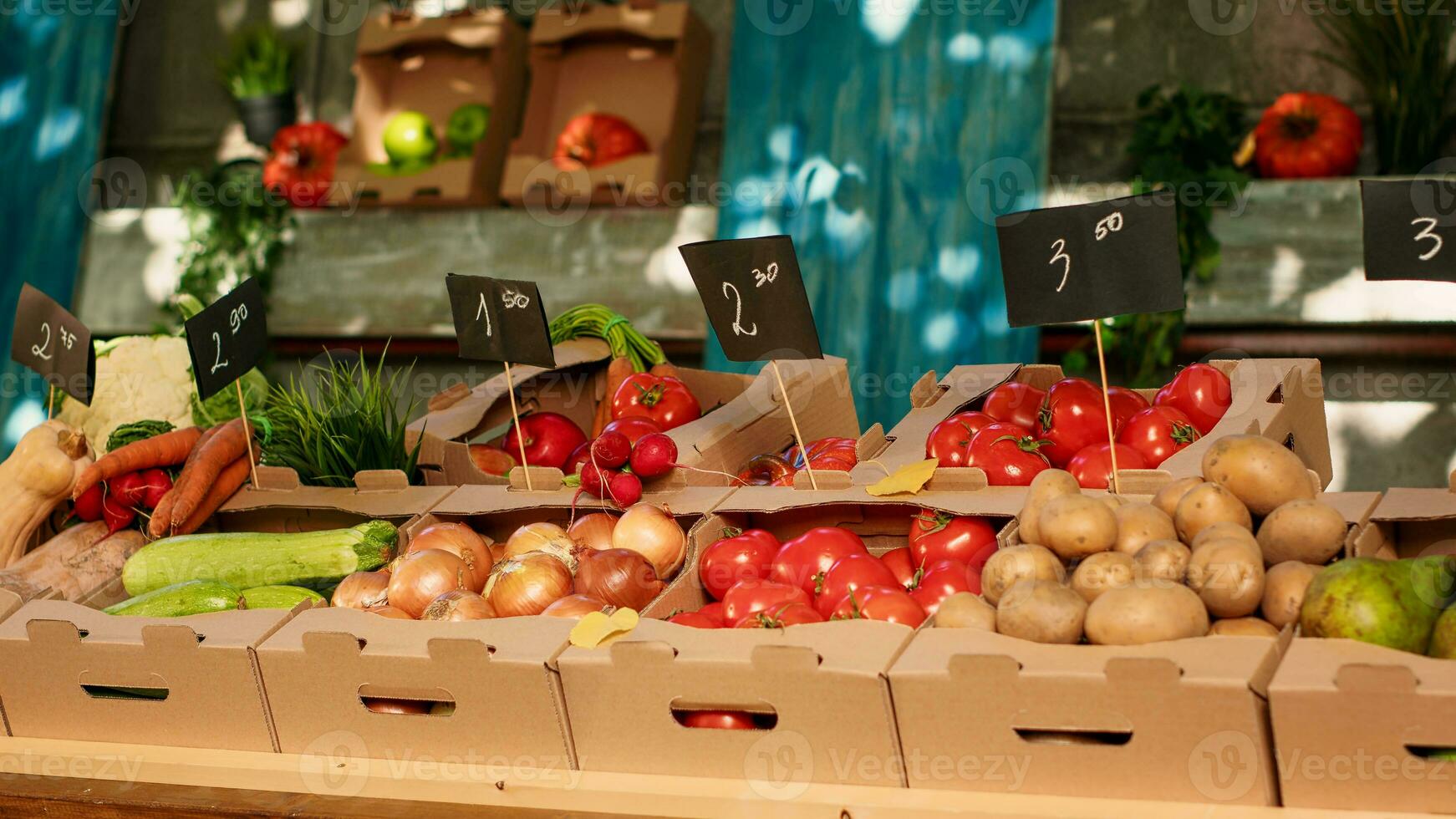 Natural colorful fresh fruits and veggies on display at farmers market photo