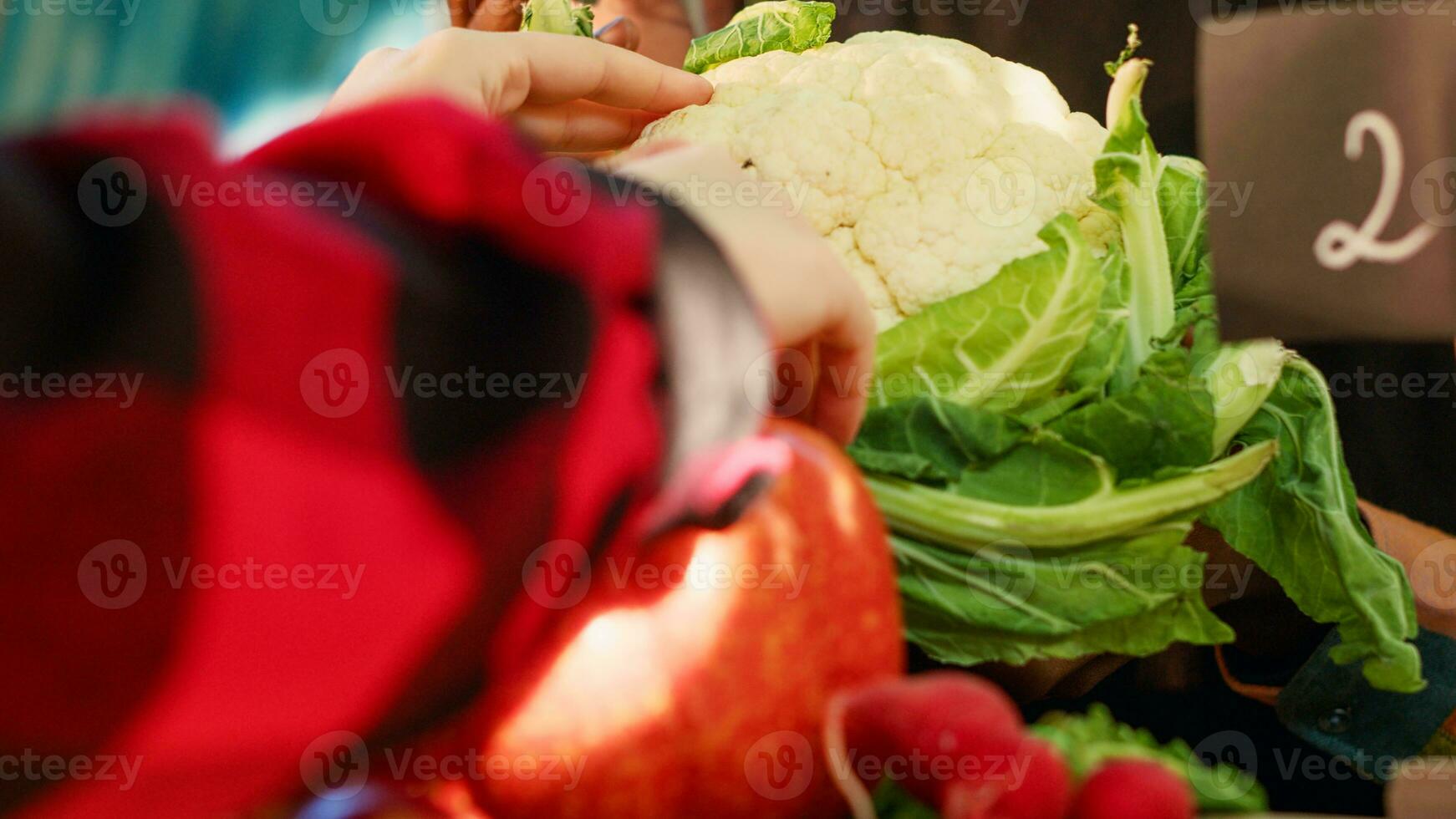 Woman looking at organic vegetables on farmers market stall, african american vendor selling fresh produce. People talking about homegrown products and healthy nutrition at fair. Handheld shot. photo