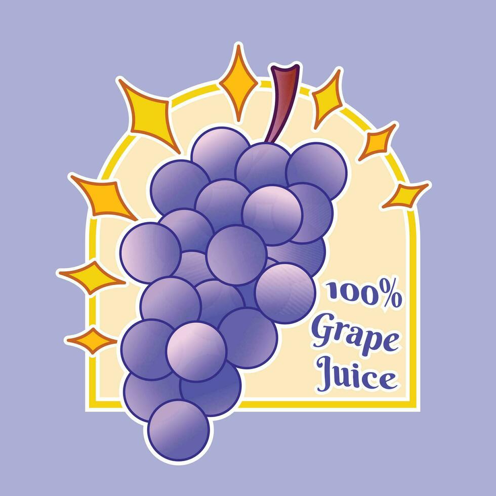 One hundred percent grape juice sticker drink product label design vector illustration with frame and stars element isolated on square background. Simple flat cartoon art styled drawing.