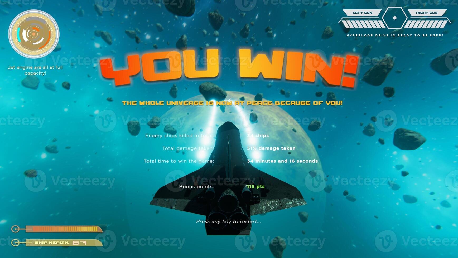 Gamer winning after destroying all enemy spacecrafts and finishing last level in science fiction flying game. Player victorious in singleplayer videogame after defeating boss and saving galaxy photo
