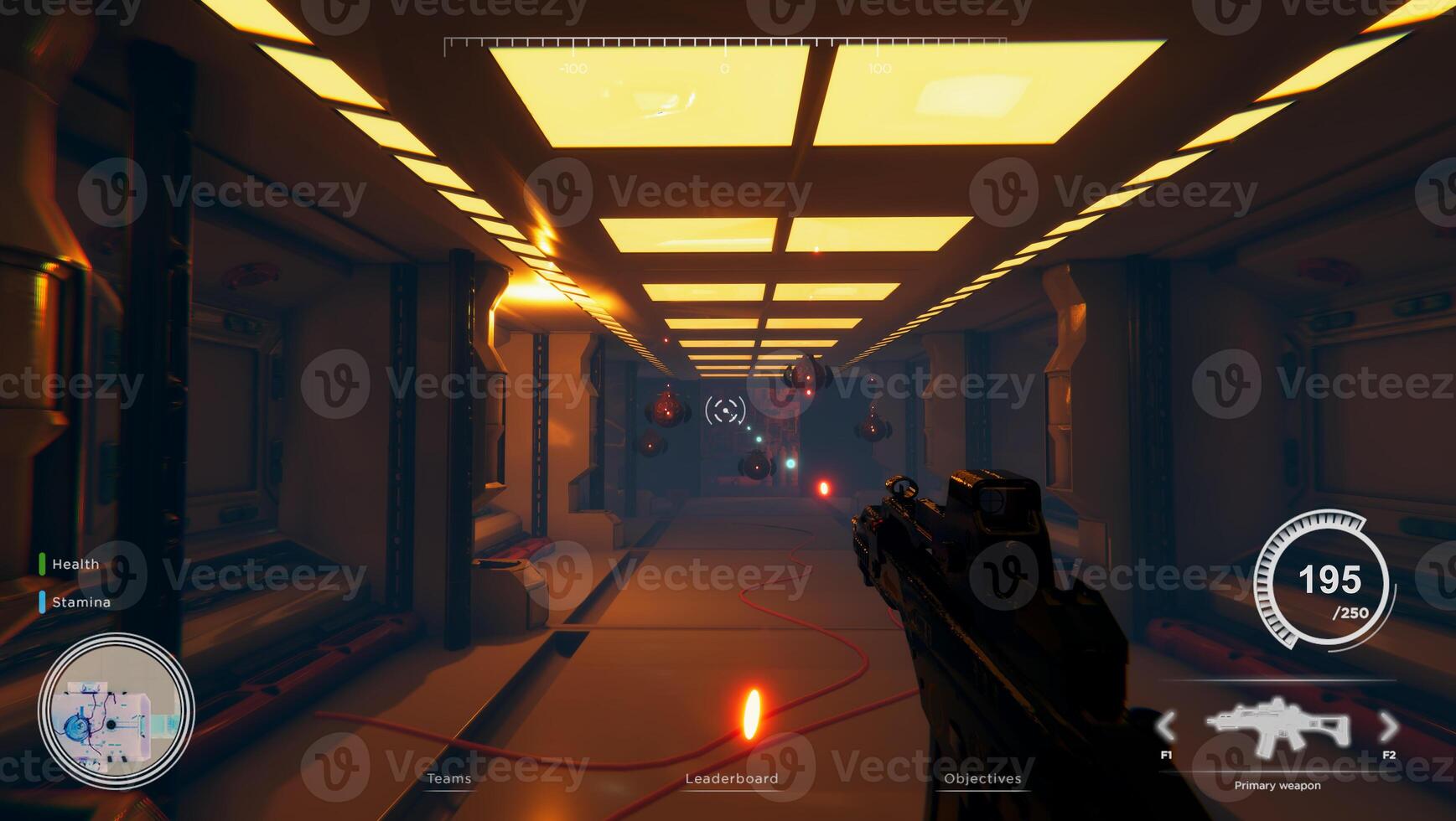 First person shooter videogame with gun shooting laser bullets at flying robotic enemies in dark atmospheric industrial setting. PvP online multiplayer game with players competing against eachother photo