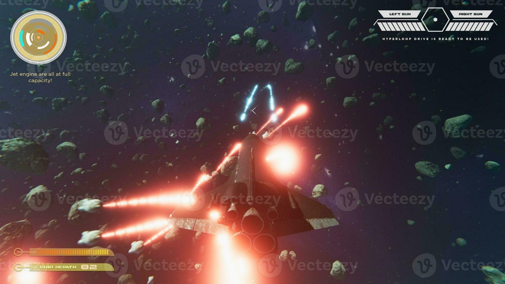 Science fiction singleplayer game with spaceship shooting laser bullets at meteorites using crosshair overlay to accurately hit targets. Spacecraft flying in cosmos, ray tracing graphics and high FPS photo
