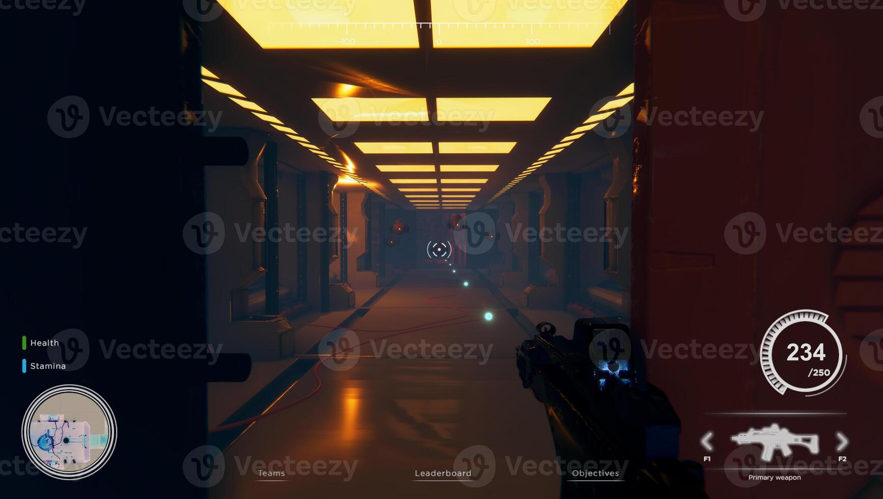 primero persona tirador videojuego con pistola disparo láser balas a volador robots en oscuro atmosférico industrial ajuste. competitivo pvp fps Internet multijugador torneo juego con informacion hud cubrir foto