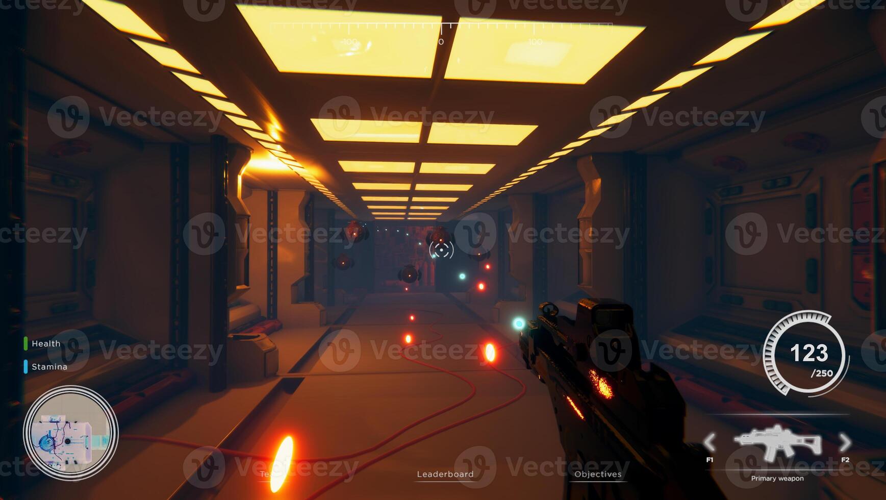First person shooter videogame with automatic gun shooting laser bullets at flying robotic foes. PvP online multiplayer game tourney with gamers competing against eachother photo