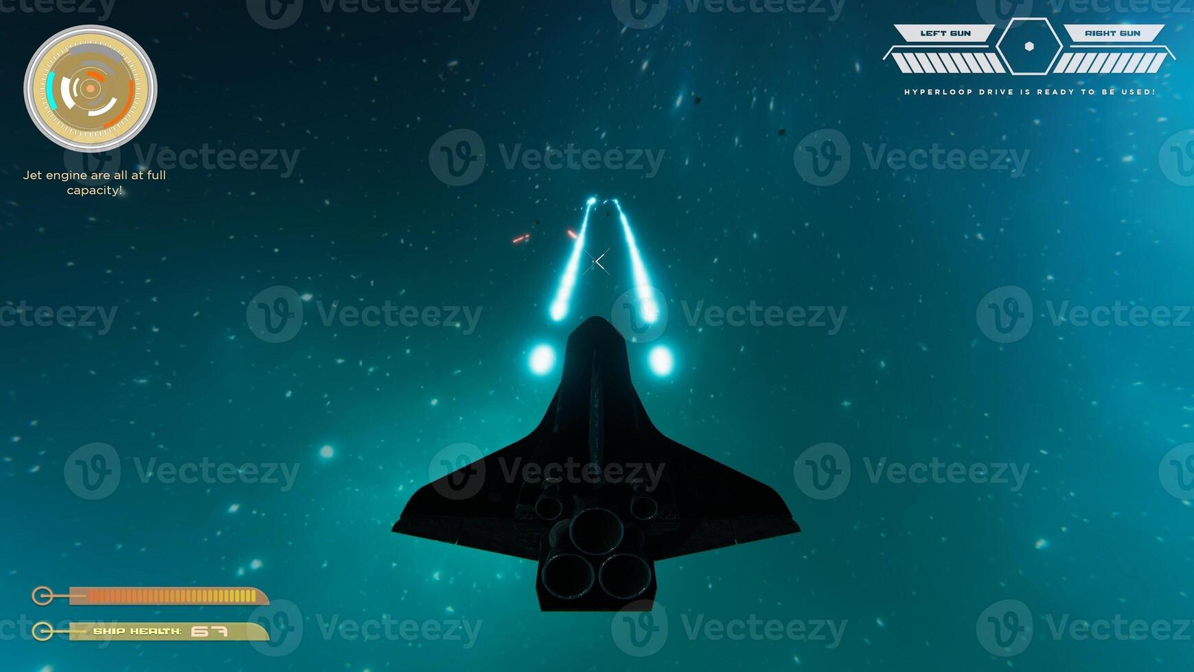 Singleplayer game with spaceship shooting laser streams at asteroid using crosshair overlay to hit targets and win mission. Ray tracing graphics and high FPS scifi videogame photo